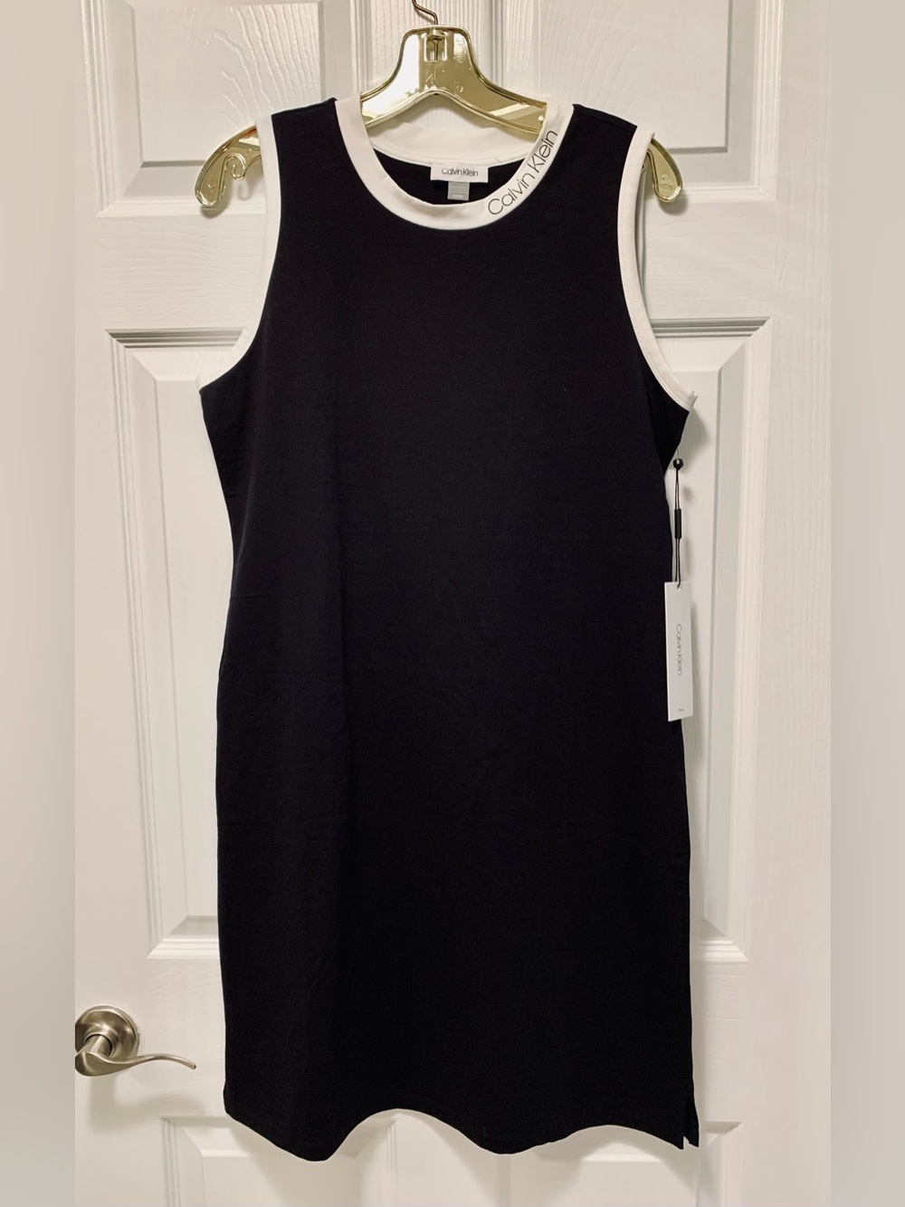 NEW Calvin Klein Black Sleeveless Black Tank Dress with White Trim, Size M, NWT